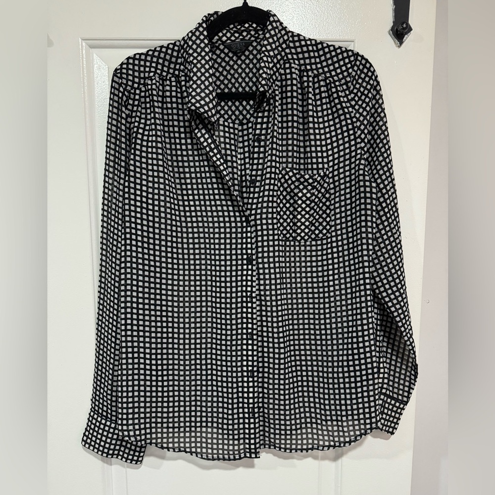 Guess Black White Grid Print Button Blouse Women’s XL